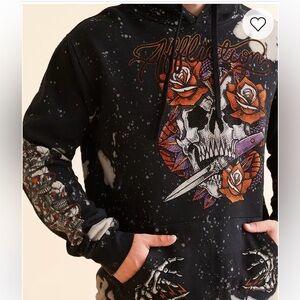 Affliction Black Label Rhinestone Hoodie Grease Mob‎ Men L Skull Rose Dagger NEW